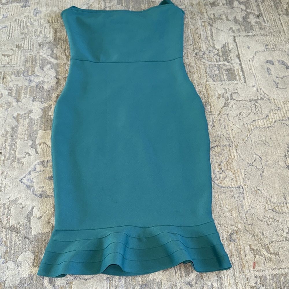 Women's V Neck Halter Fishtail Bandage Bodycon Dress L EUC peacock green - Picture 7 of 14